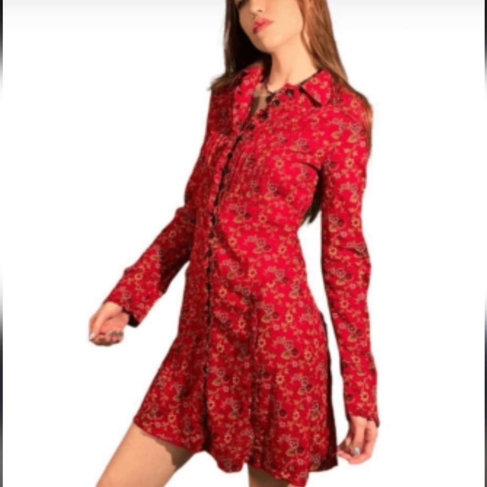 Free People Red Floral Button Front Ruffle Pintuck Long Sleeve Shirt Dress Sz 4